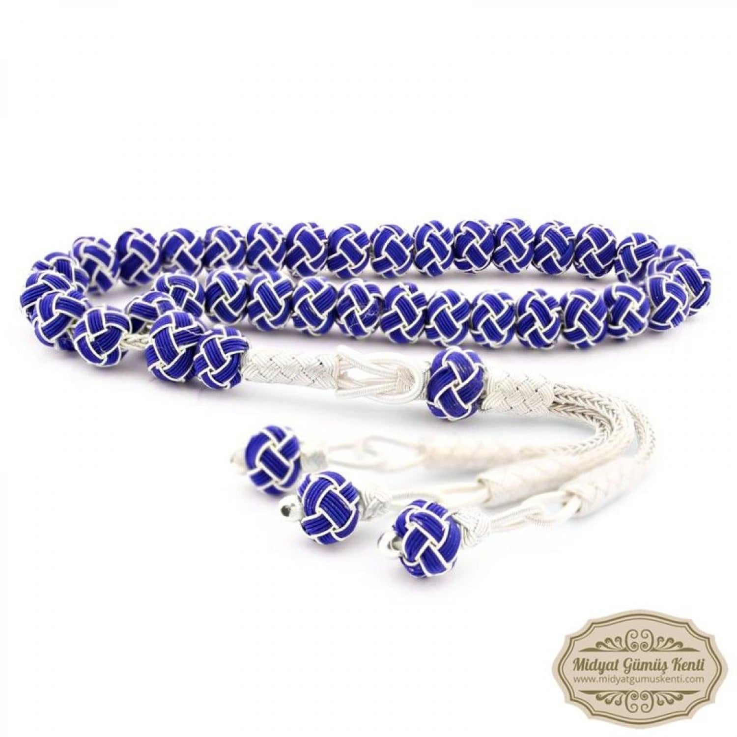 Lacivert Beyaz Model 1000 Ayar El Örmesi Kazaziye Gümüş Tesbih