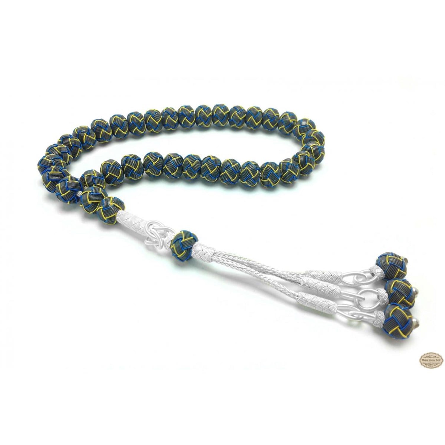 Lacivert Sarı Renkte 1000 Ayar El Örmesi Kazaziye Gümüş Tesbih