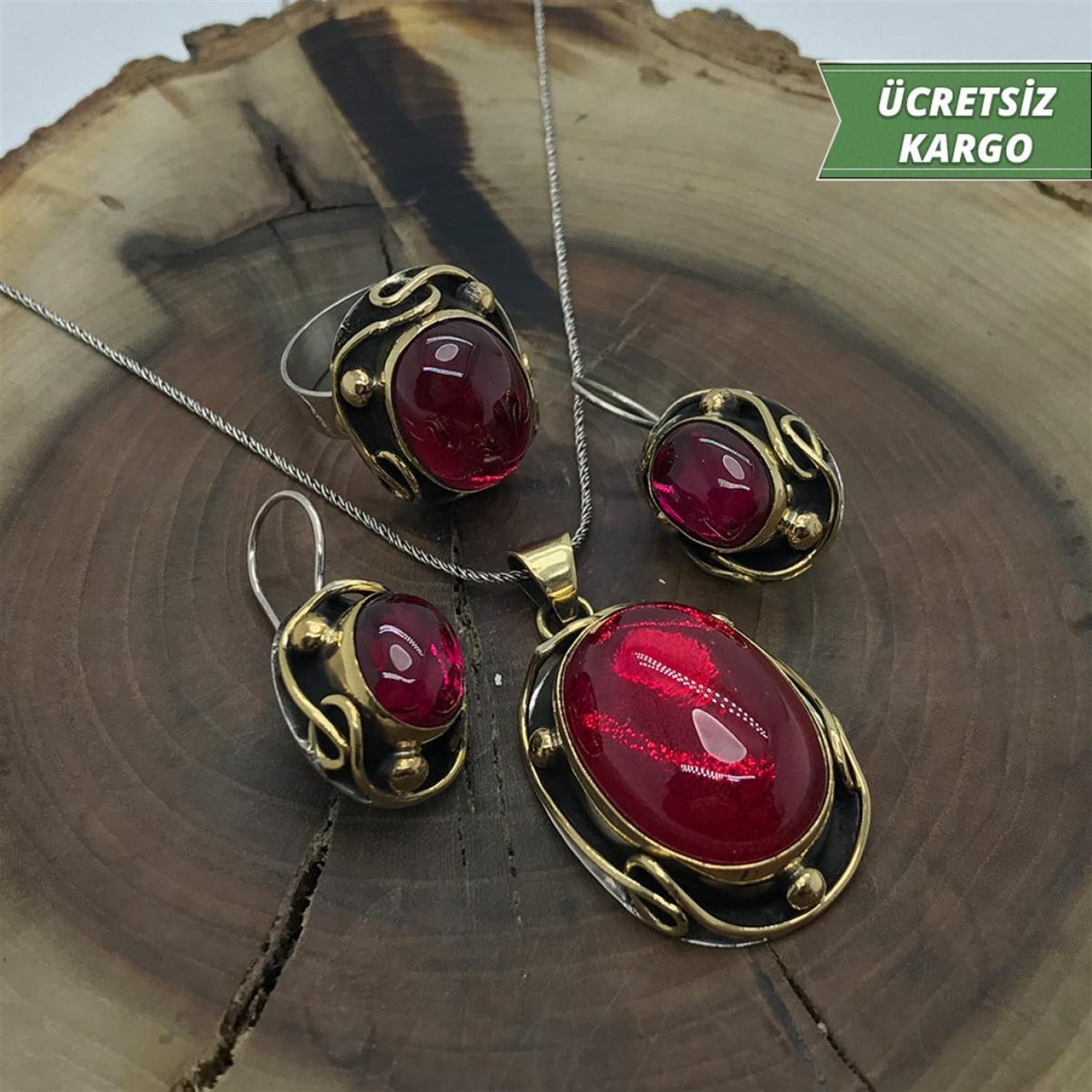 Lal Taşlı Elips Model 925 Ayar Otantik Gümüş Üçlü Set