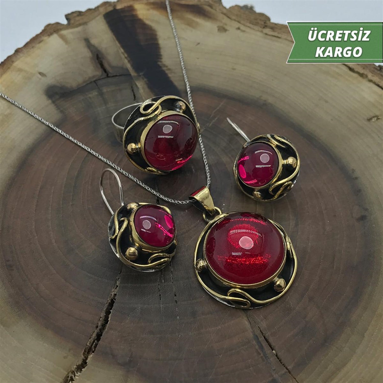 Lal Taşlı Yuvarlak Model 925 Ayar Otantik Gümüş Üçlü Set