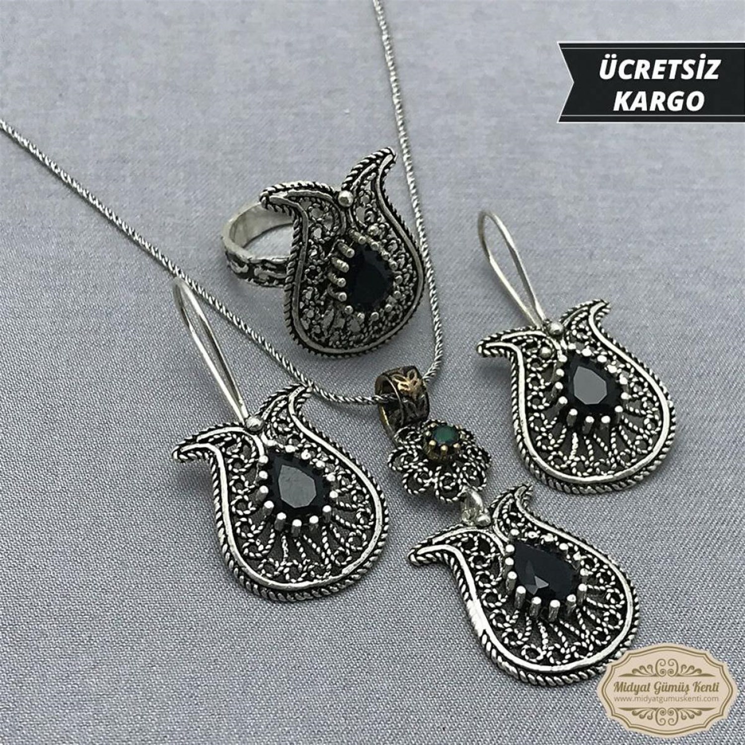 Lale Model Siyah Zirkon Taşlı 925 Ayar Bayan Oksitli Telkari Gümüş Üçlü Set