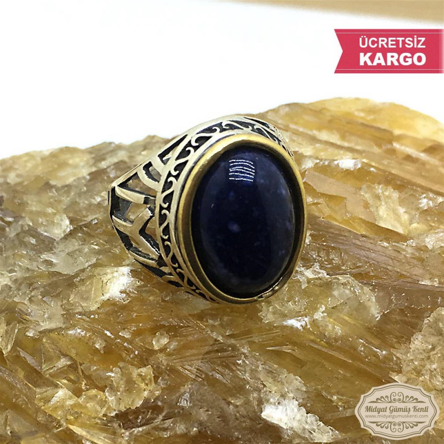 Lapis Lazuli Taşlı iYi Kayıboyu işlemeli 925 Erkek Gümüş Yüzük