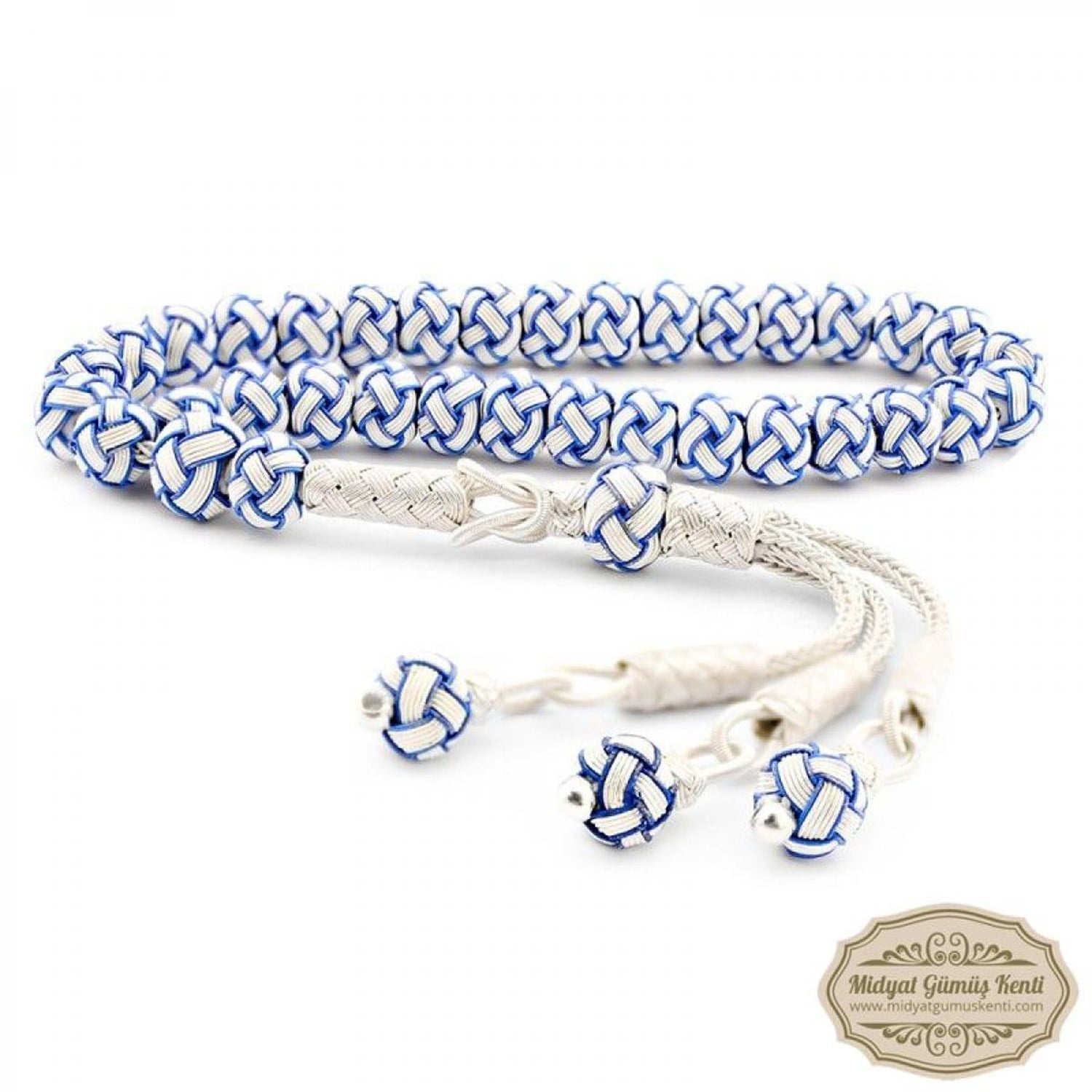 Mavi Beyaz Model 1000 Ayar El Örmesi Kazaziye Gümüş Tesbih