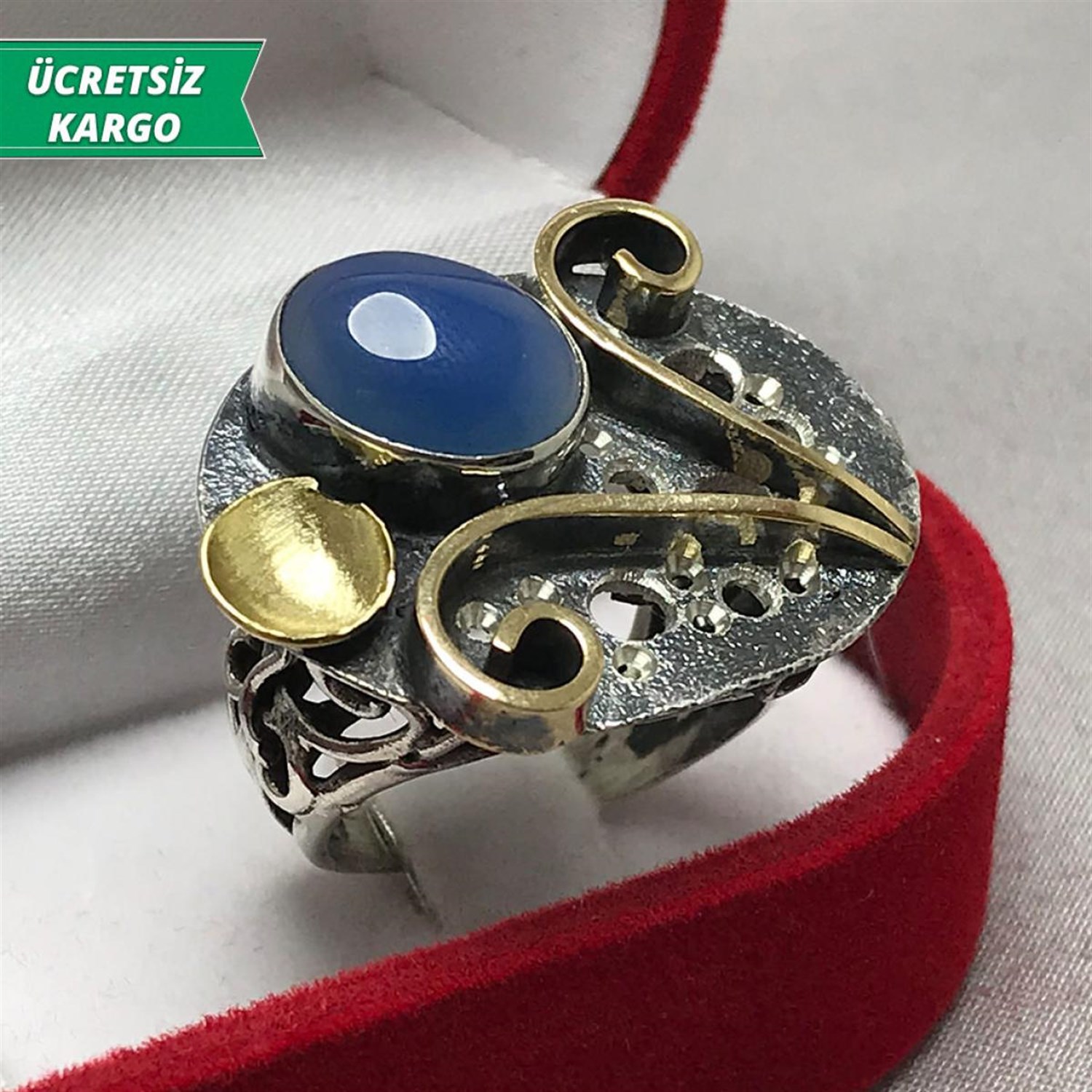 Mavi Kedi Gözü Taşlı Elişçiliği Bayan Otantik Gümüş Yüzük 