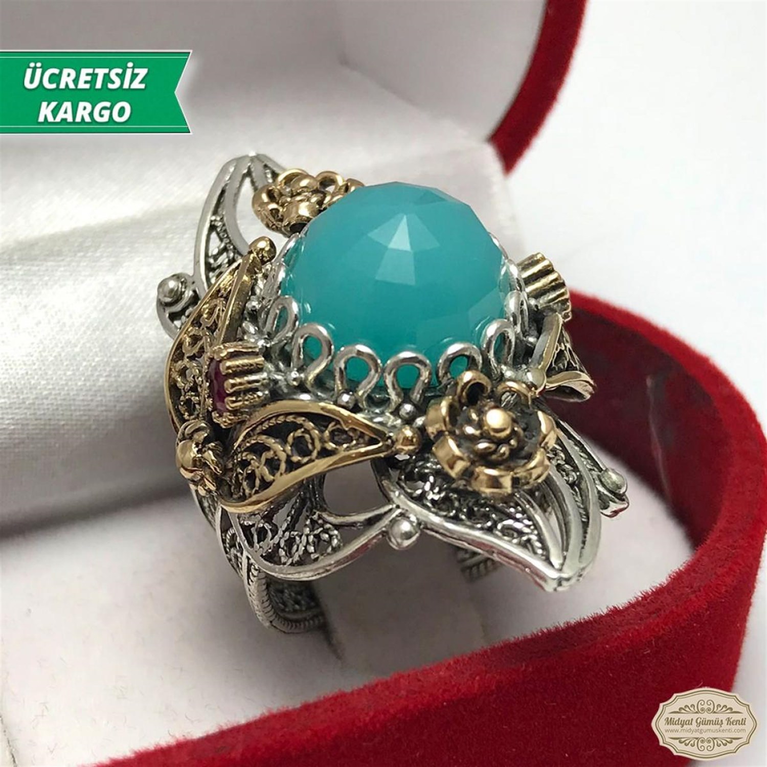 Mavi Topaz Taşlı Çiçek Model Midyat Telkari Bayan Gümüş Yüzük