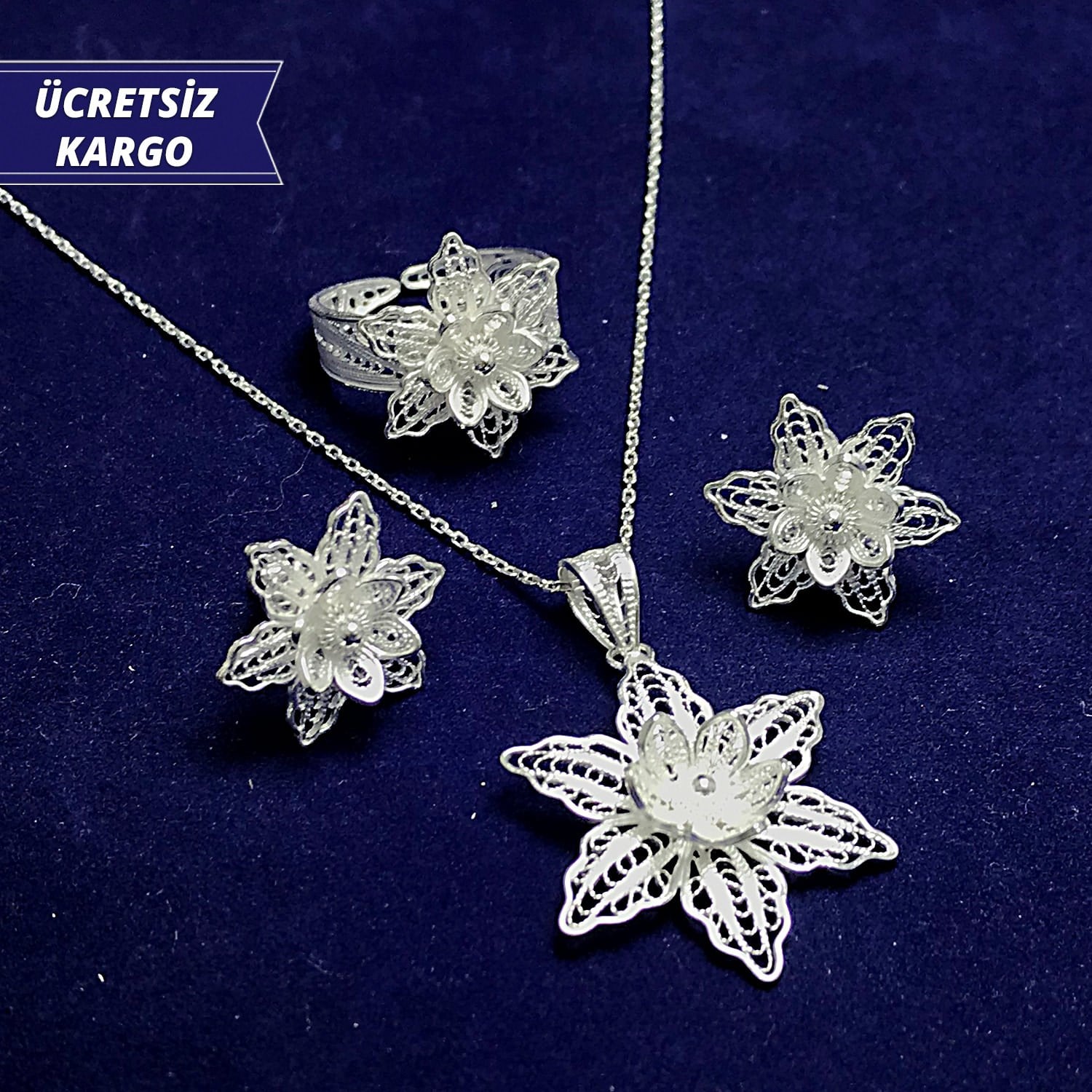 Menekşe Model 925 Ayar Telkari Bayan Gümüş Üçlü Set