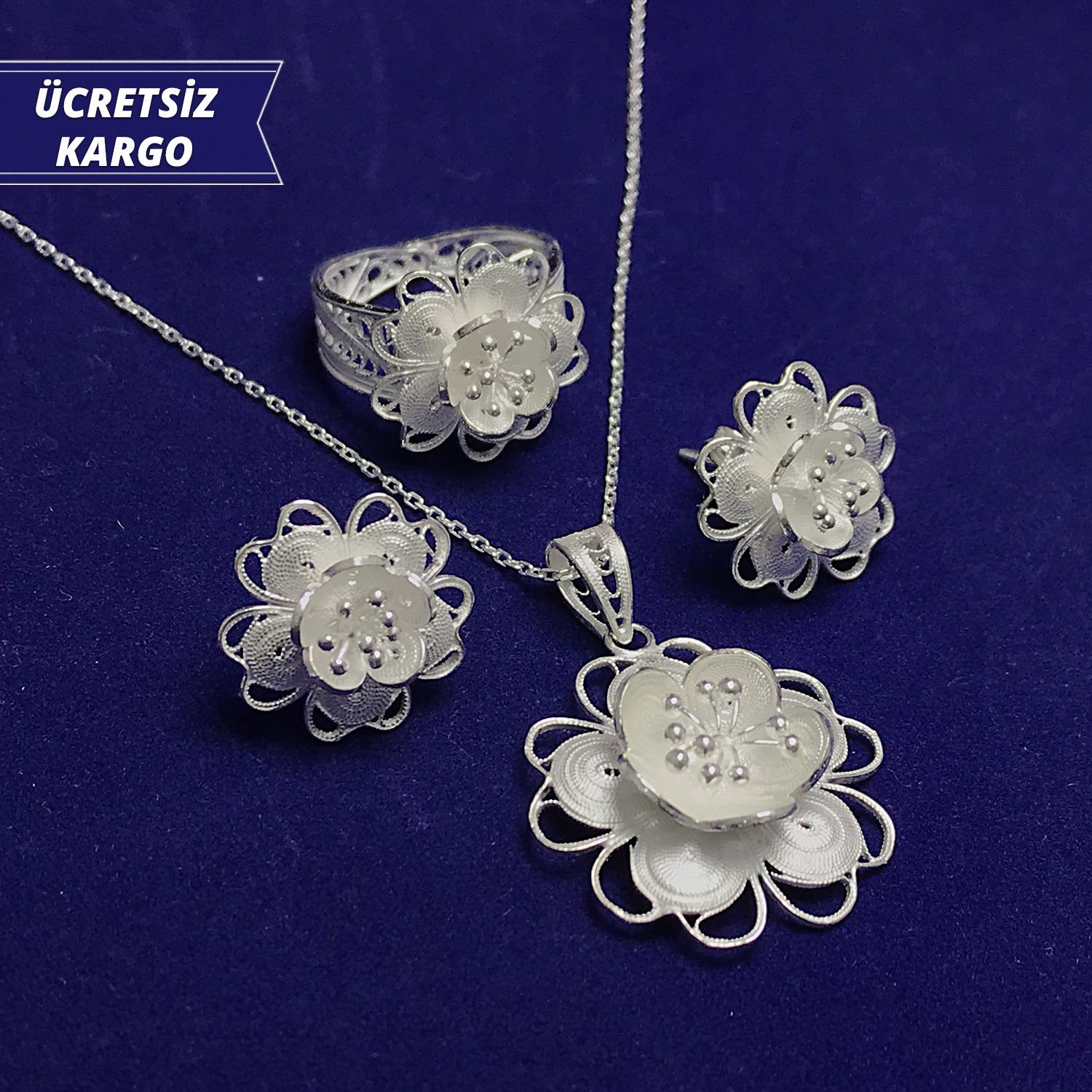 Menekşe Model 925 Ayar Telkari Bayan Gümüş Üçlü Set