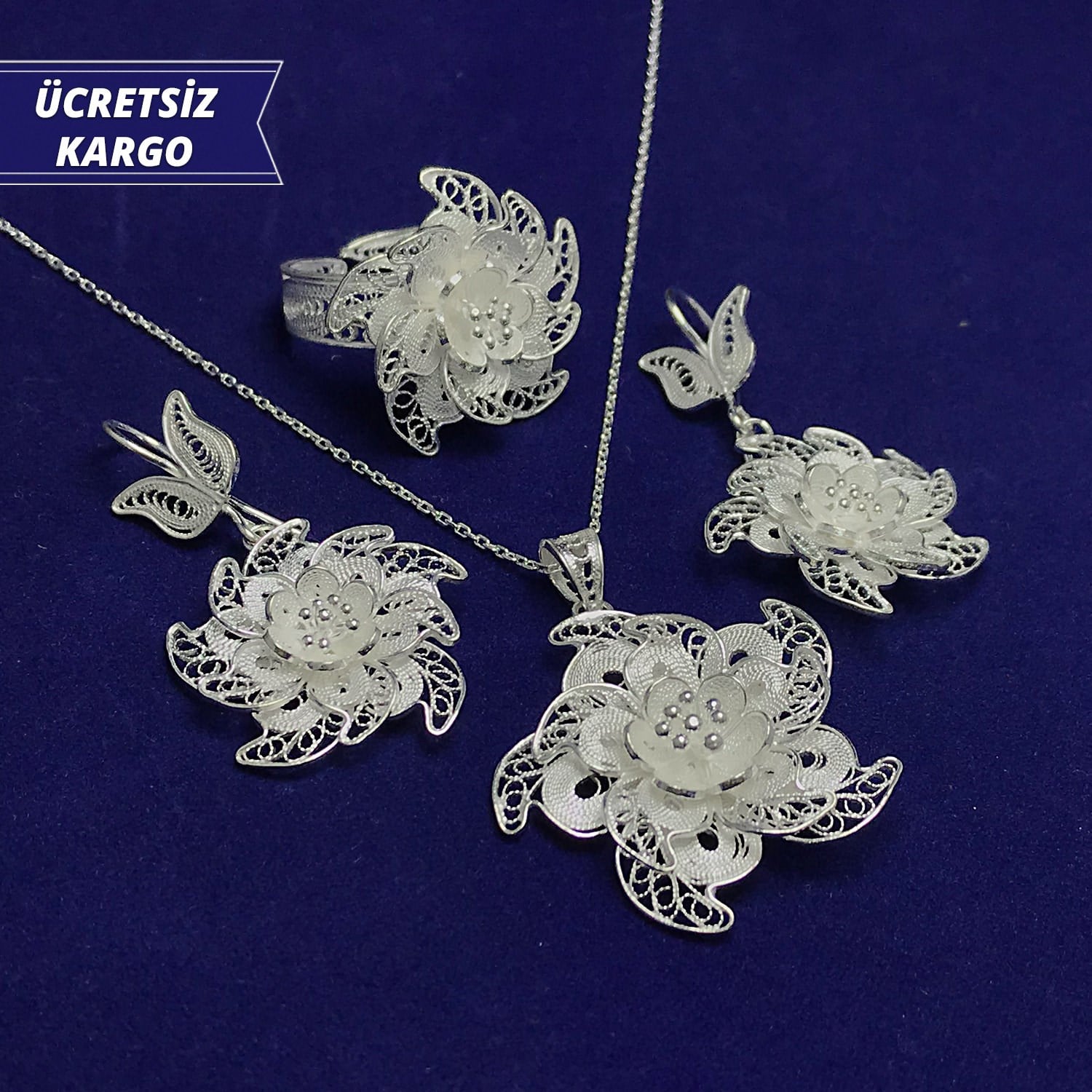 Menekşe Model 925 Ayar Telkari Bayan Gümüş Üçlü Set