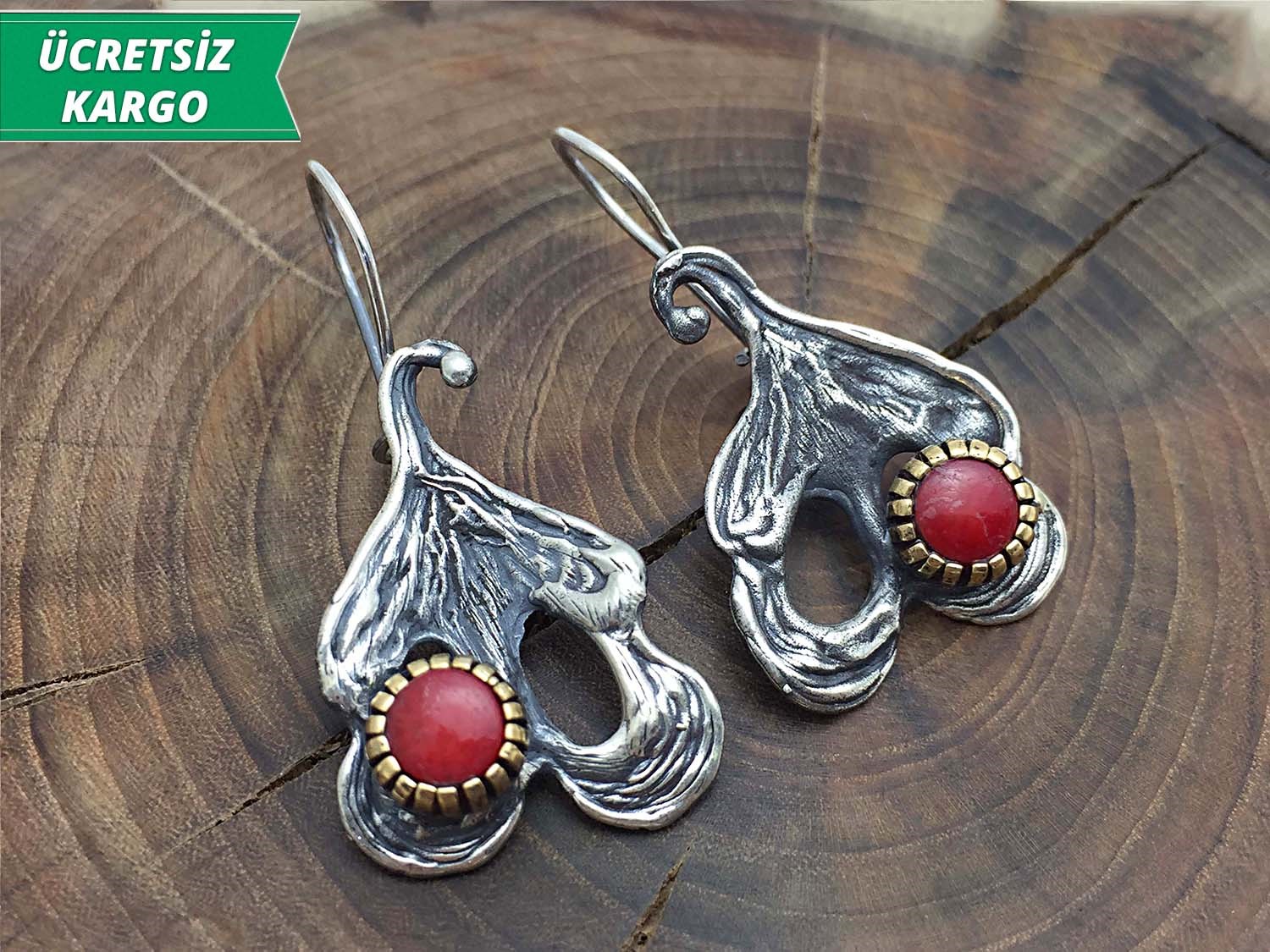 Mercan Taşlı 925 Ayar Gümüş Bayan Otantik Küpe