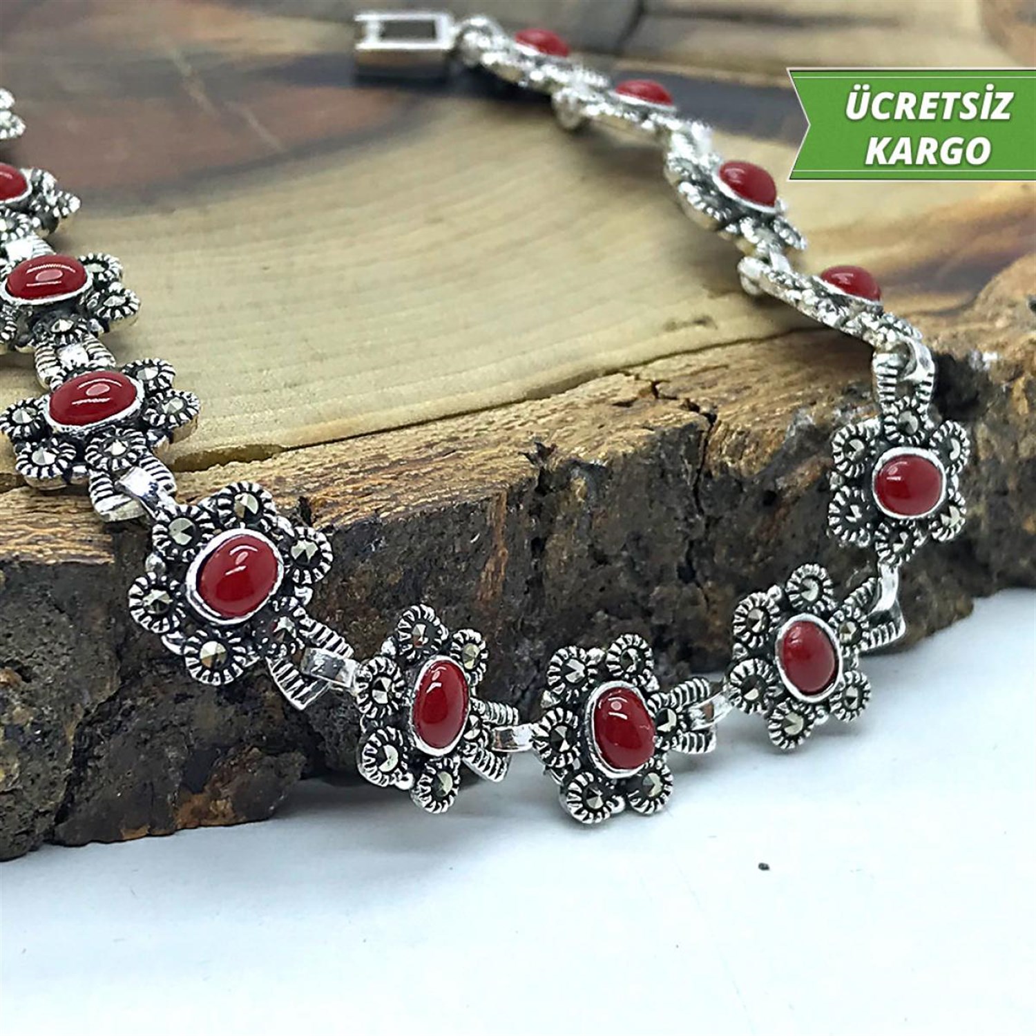 Mercan Taşlı Asur Model Markazit Bayan Gümüş Bileklik