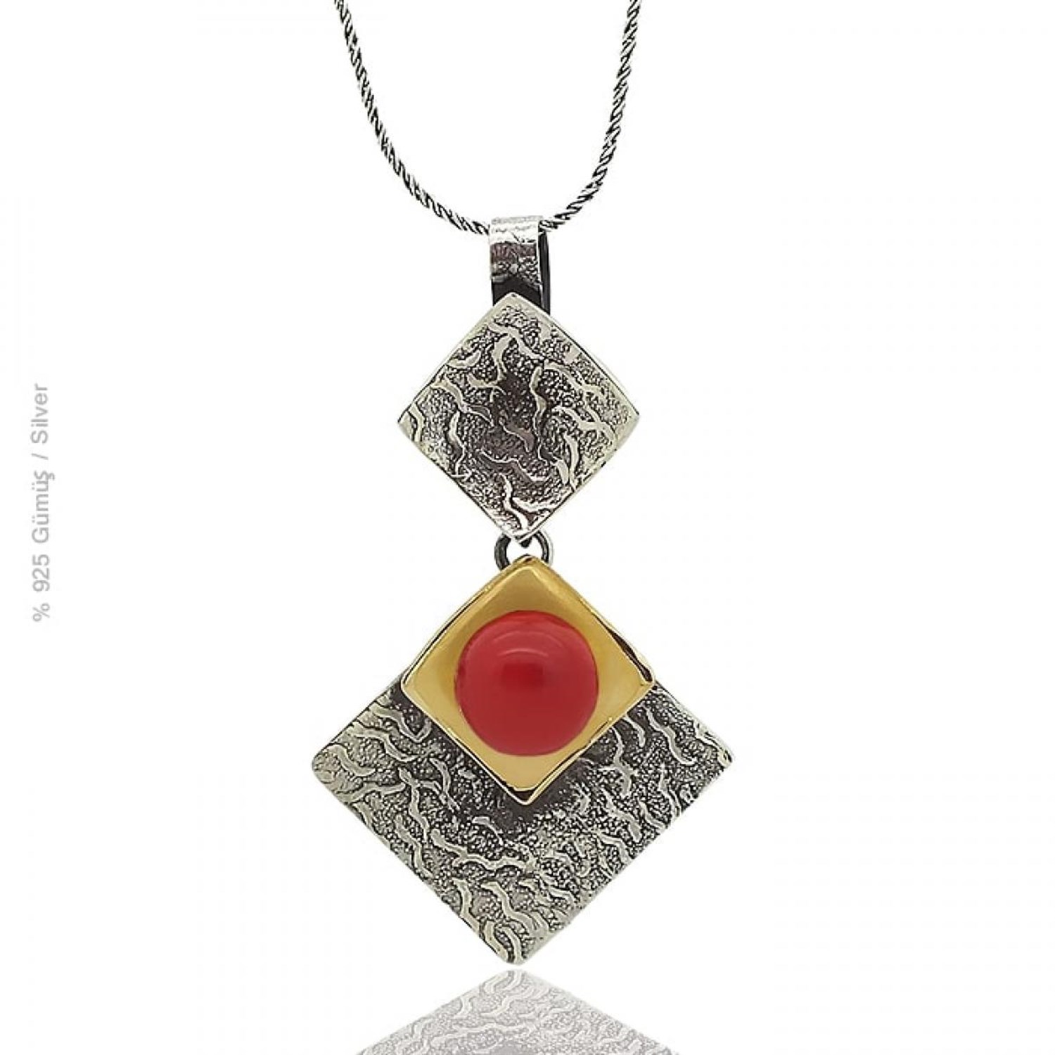 Mercan Taşlı Çekiç Dövme Model El İşçiliği Bayan Otantik Gümüş Kolye Ucu