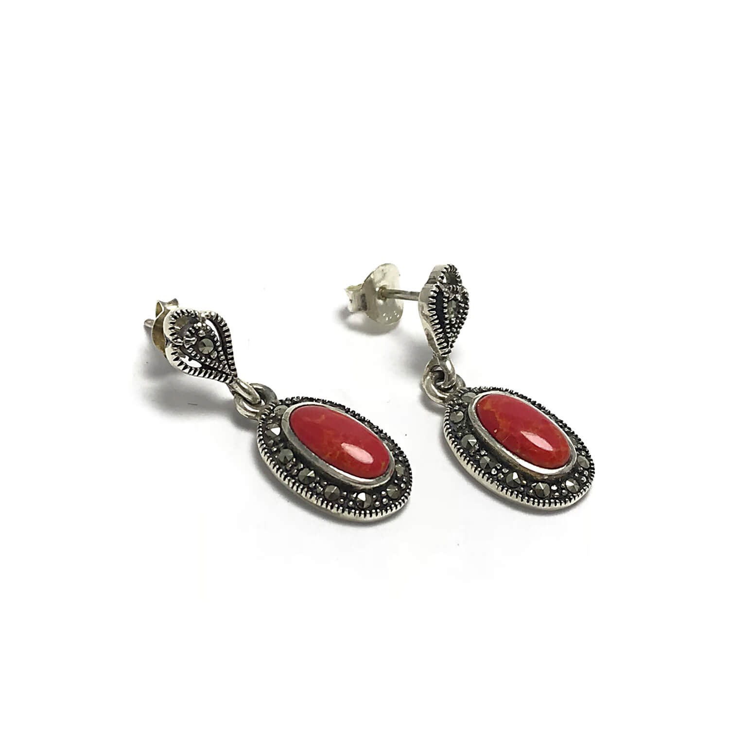 Mercan Taşlı Elips Model 925 Ayar Markazit Gümüş Küpe