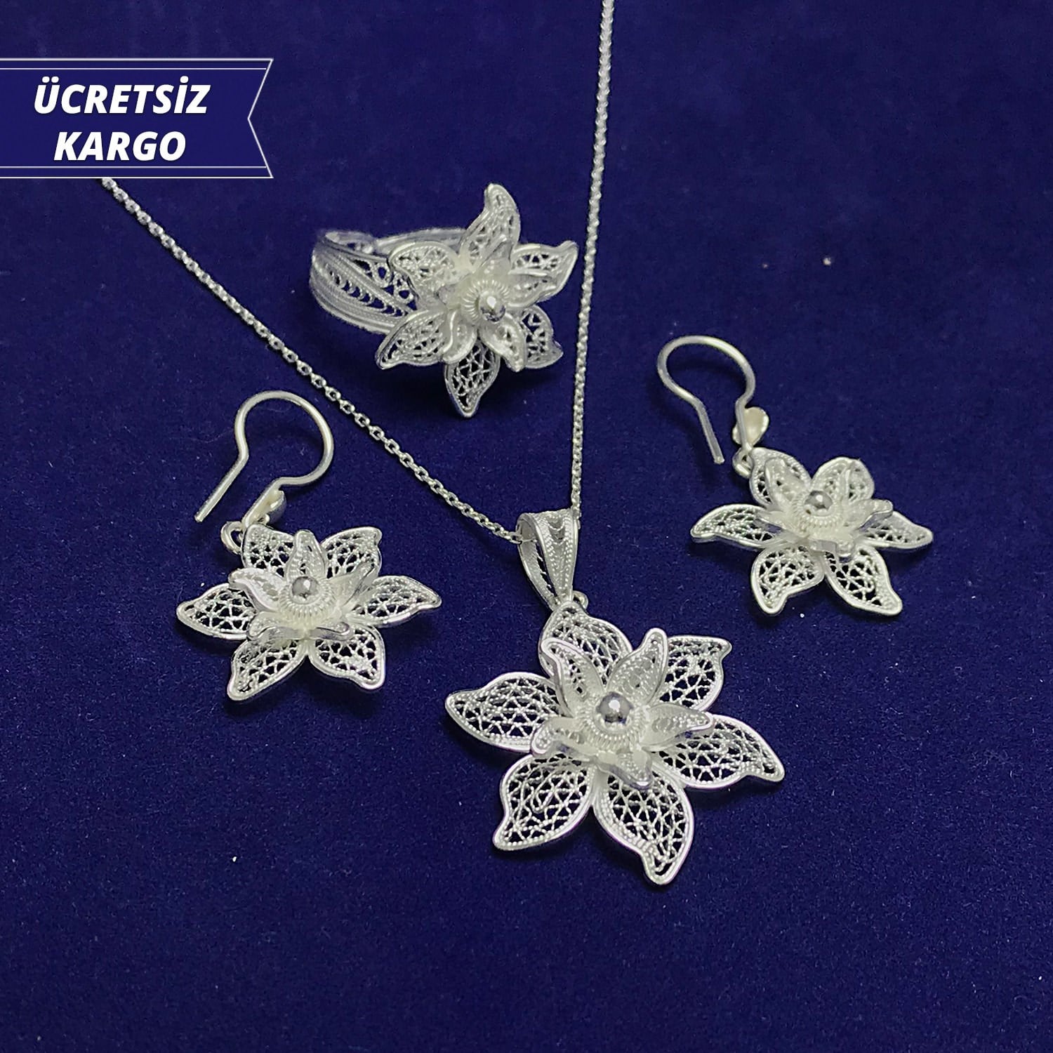 Nilüfer Model 925 Ayar Telkari Bayan Gümüş Üçlü Set