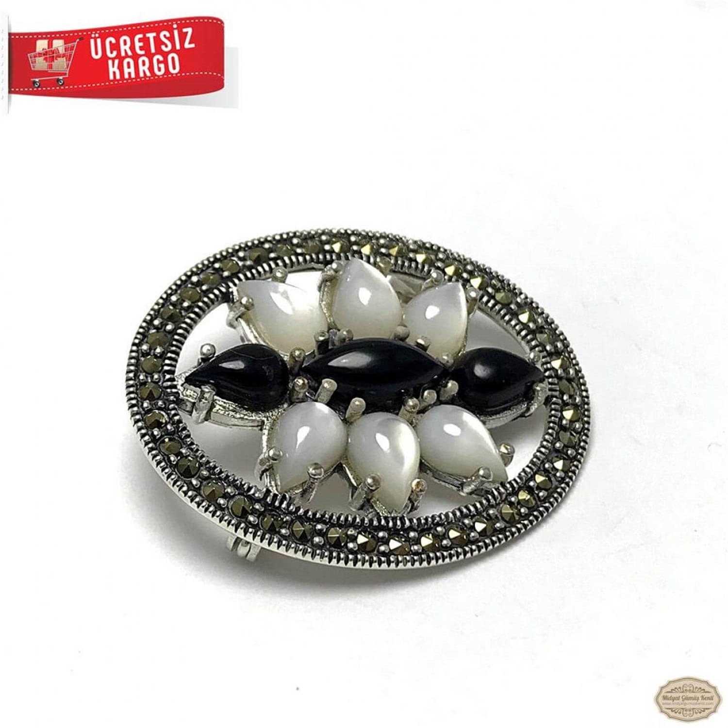 Oniks Sedef Taşlı Oval Model Markazit Gümüş Broş Yaka İğnesi