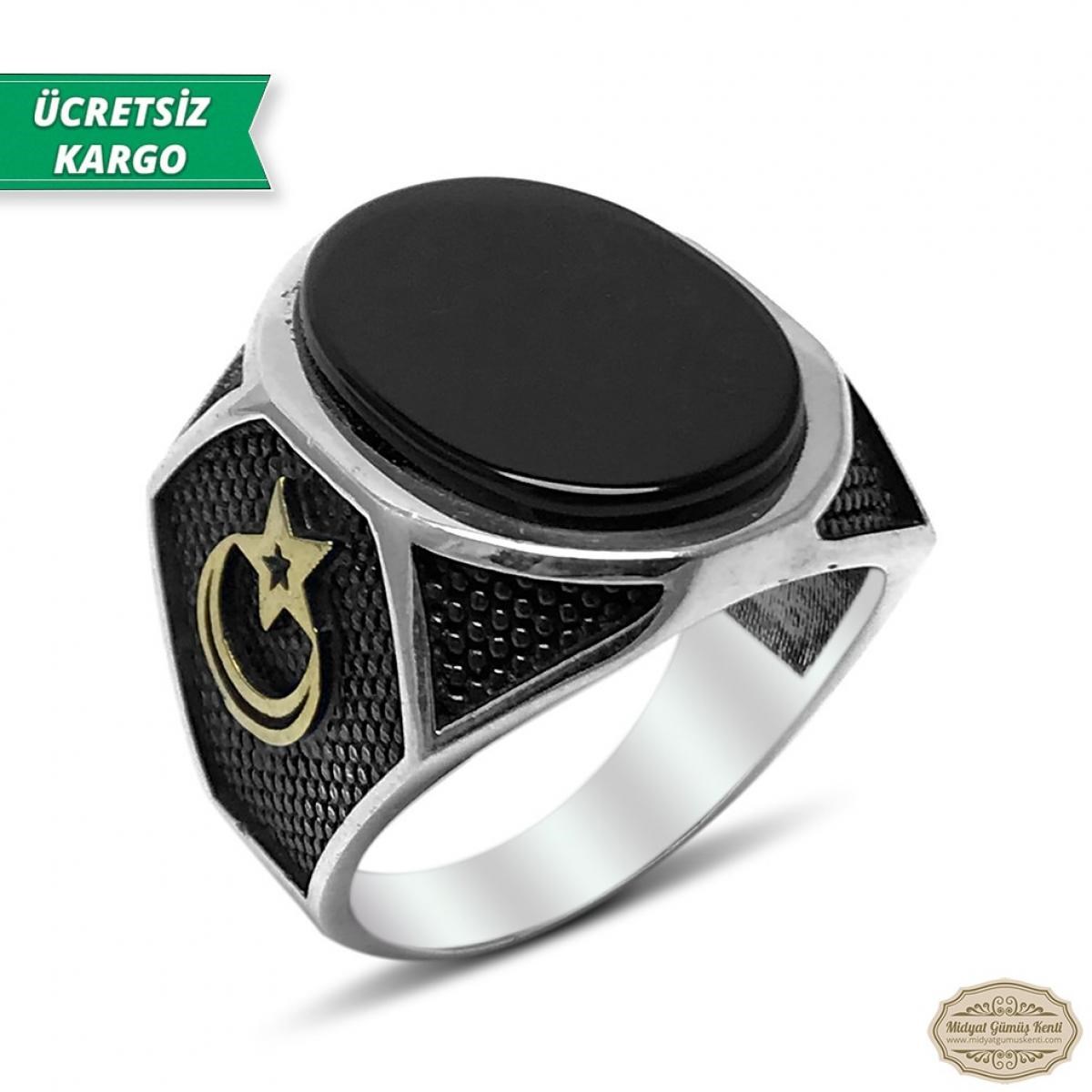 Oniks Taşlı Ayyıldız Model 925 Ayar Gümüş Erkek Yüzük 