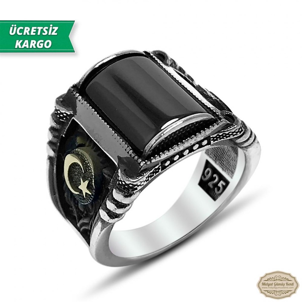 Oniks Taşlı Ayyıldız Model 925 Ayar Gümüş Erkek Yüzük