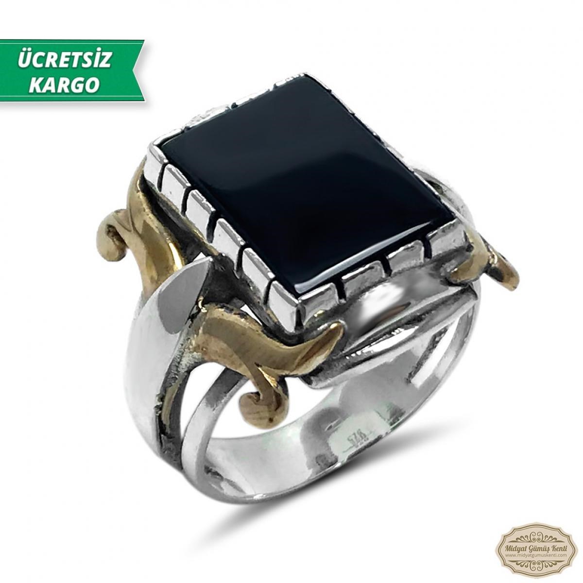 Oniks Taşlı Boynuz Model 925 Ayar Gümüş Erkek Yüzük
