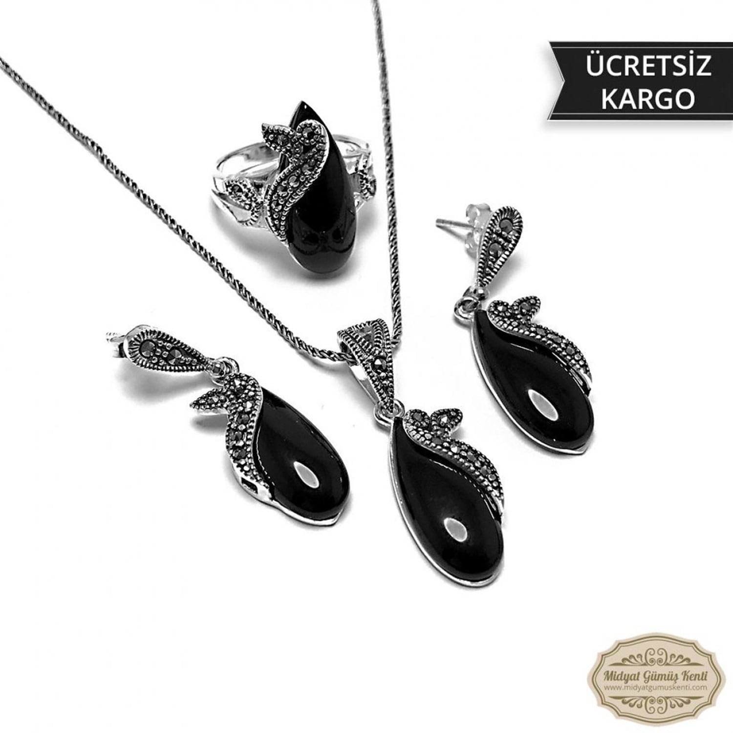 Oniks Taşlı Damla Model Markazit Gümüş Üçlü Set