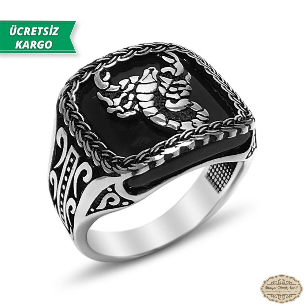 Oniks Taşlı Akrep İşlemeli 925 Ayar Erkek Gümüş Yüzük