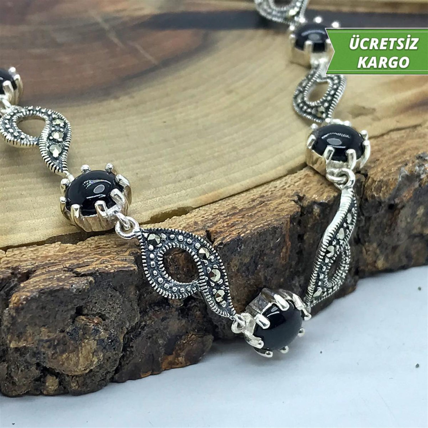 Oniks Taşlı Gözbebeği Model Markazit Bayan Gümüş Bileklik