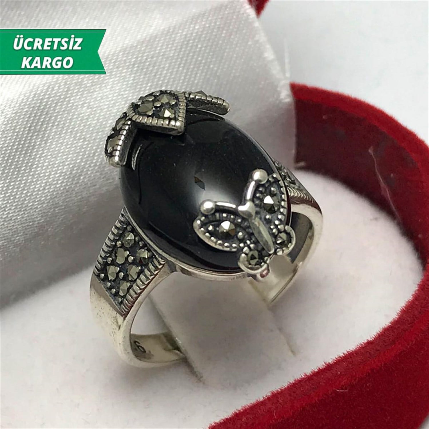 Oniks Taşlı Kelebekli Model Markazit Bayan Gümüş Yüzük