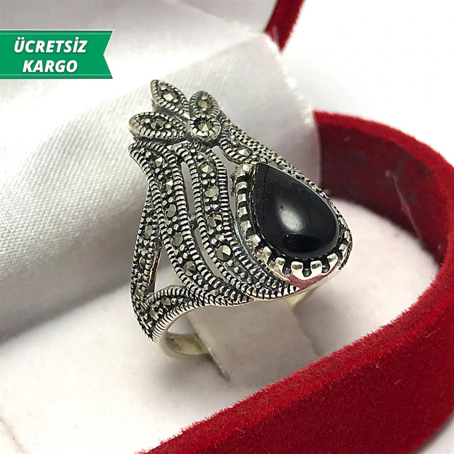 Oniks Taşlı Lale Model Markazit Bayan Gümüş Yüzük