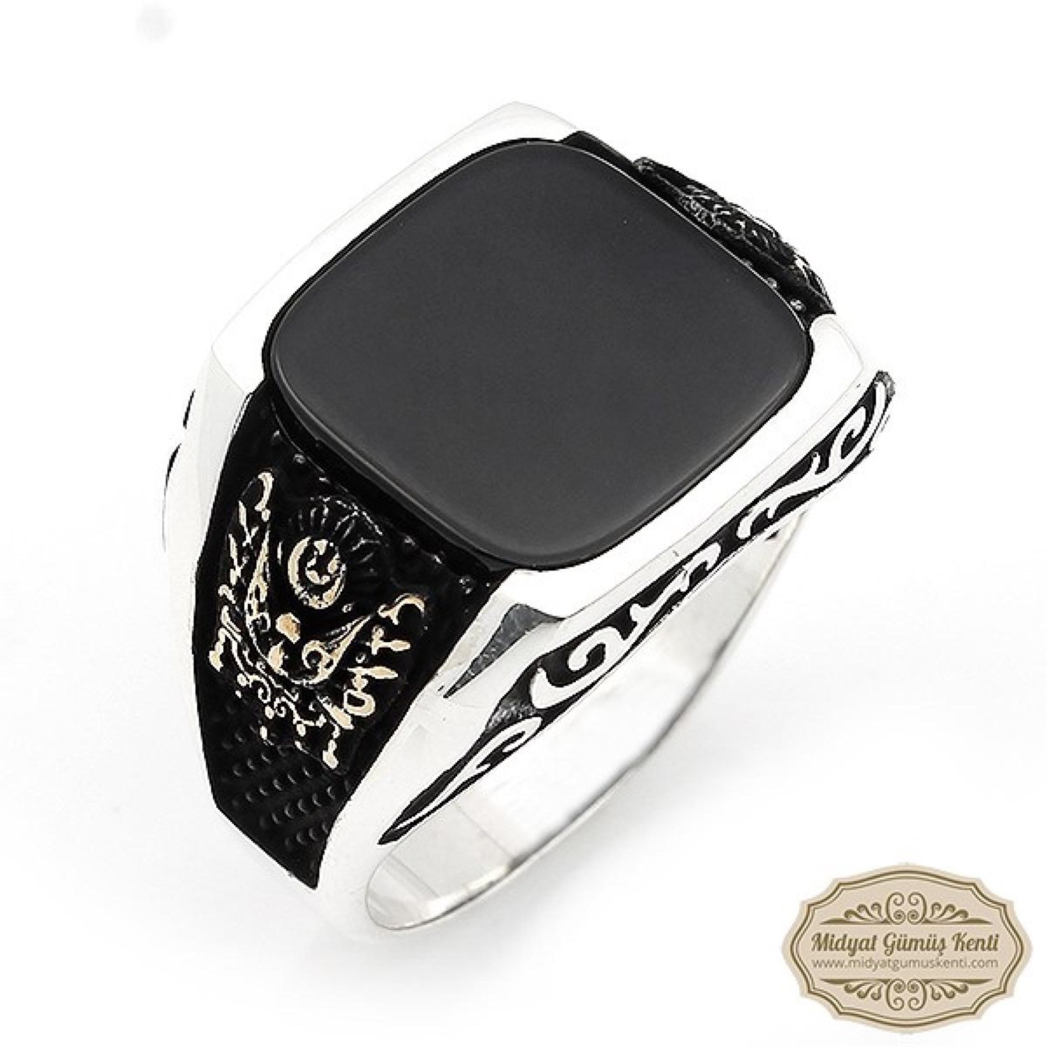 Osmanlı Armalı Model Oniks Taşlı Erkek Gümüş Yüzük