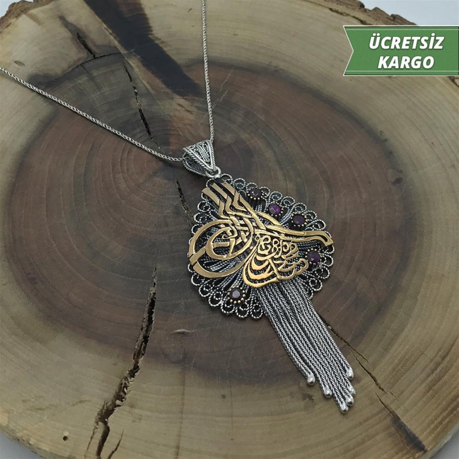 Osmanlı Tuğra Püsküllü İşlemeli Model Midyat Yöresel Telkari Gümüş Kolye Ucu