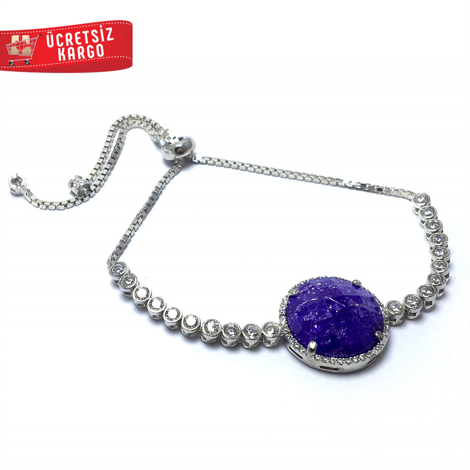 Oval Tasarım Asansörlü Zirkon ve Safir Taşlı Gümüş Bileklik