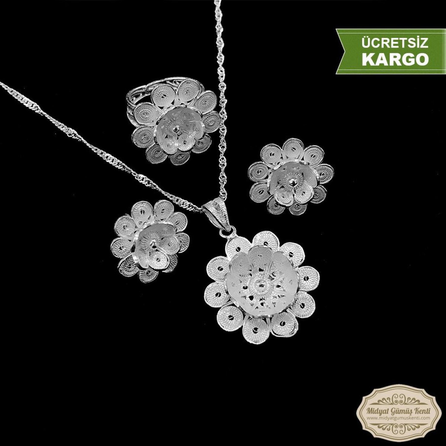 Papatya Çiçeği Model 925 Ayar Telkari Bayan Gümüş Üçlü Set