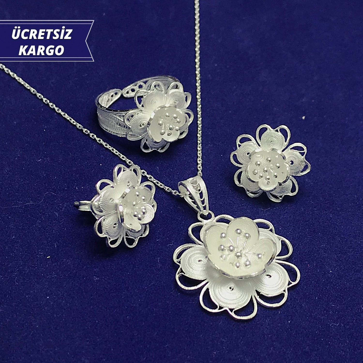 Papatya Model 925 Ayar Telkari Bayan Gümüş Üçlü Set