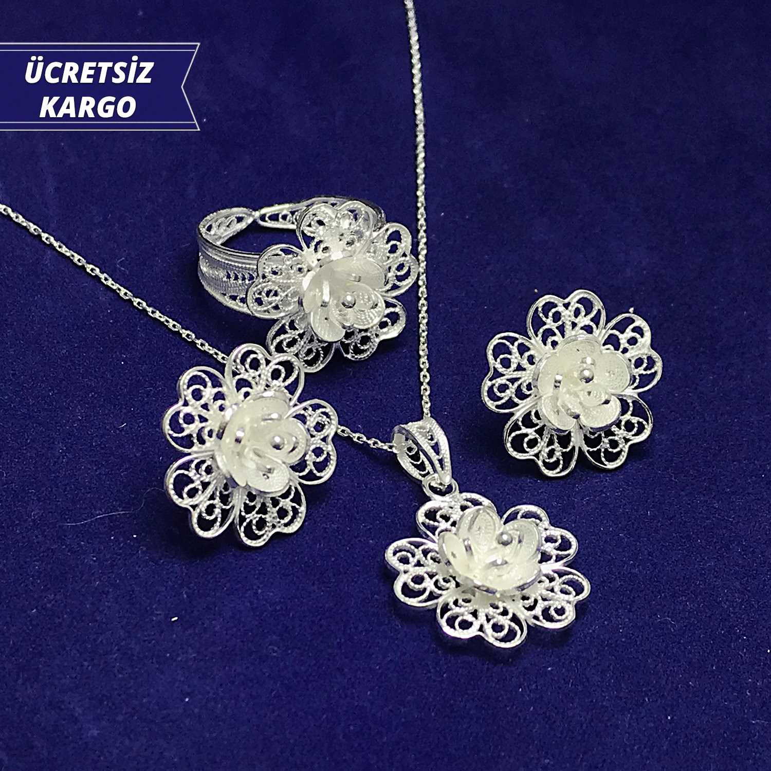 Papatya Model 925 Ayar Telkari Bayan Gümüş Üçlü Set