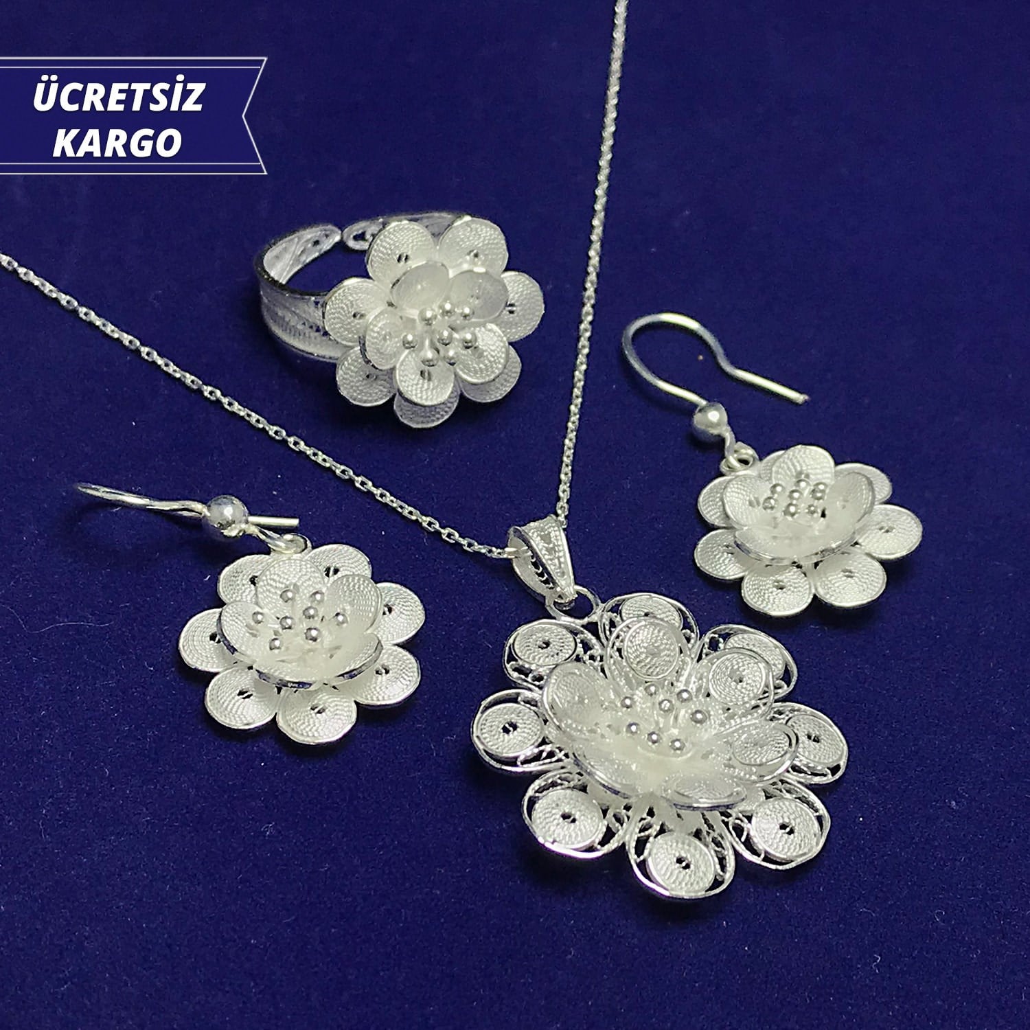Papatya Model 925 Ayar Telkari Bayan Gümüş Üçlü Set