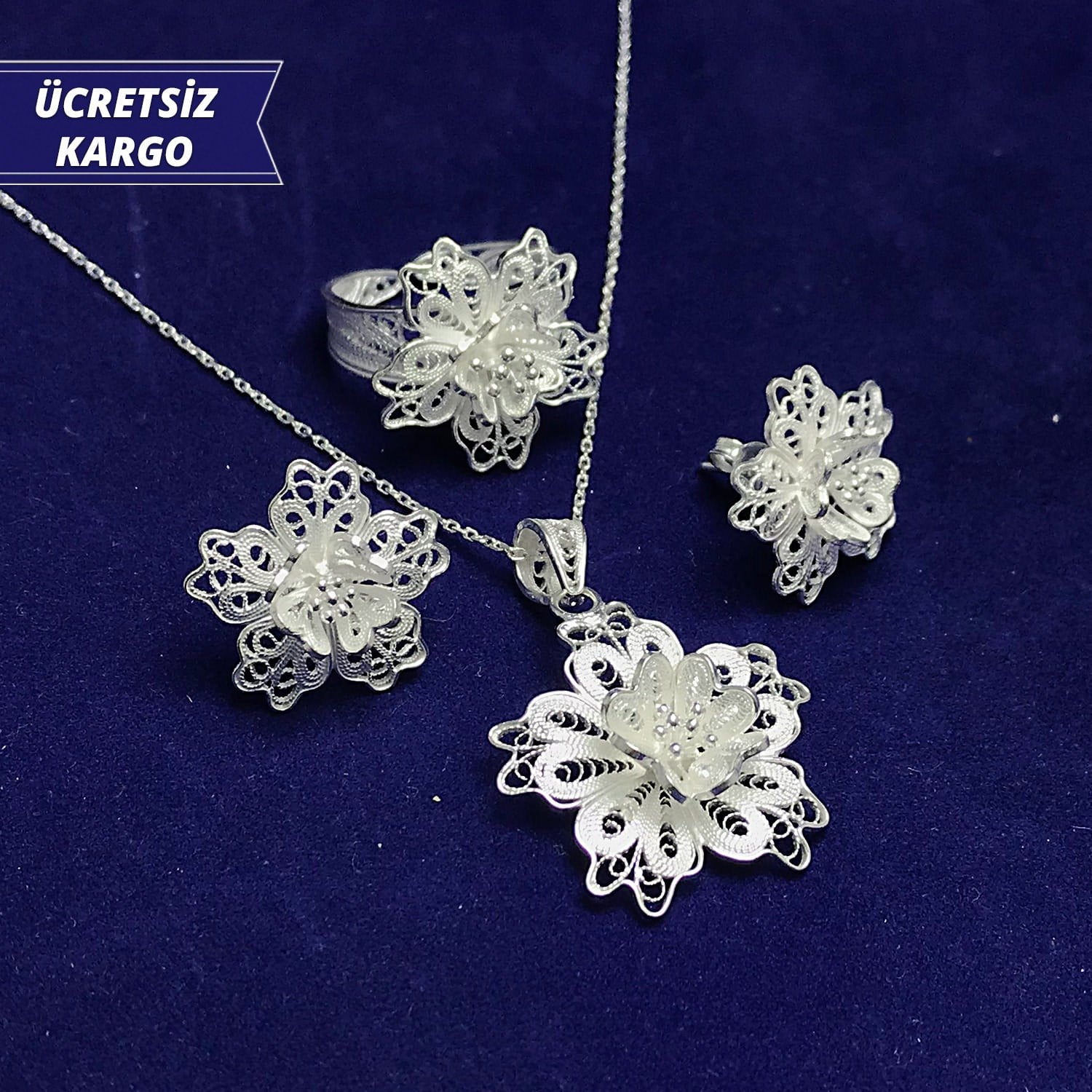 Papatya Model 925 Ayar Telkari Bayan Gümüş Üçlü Set