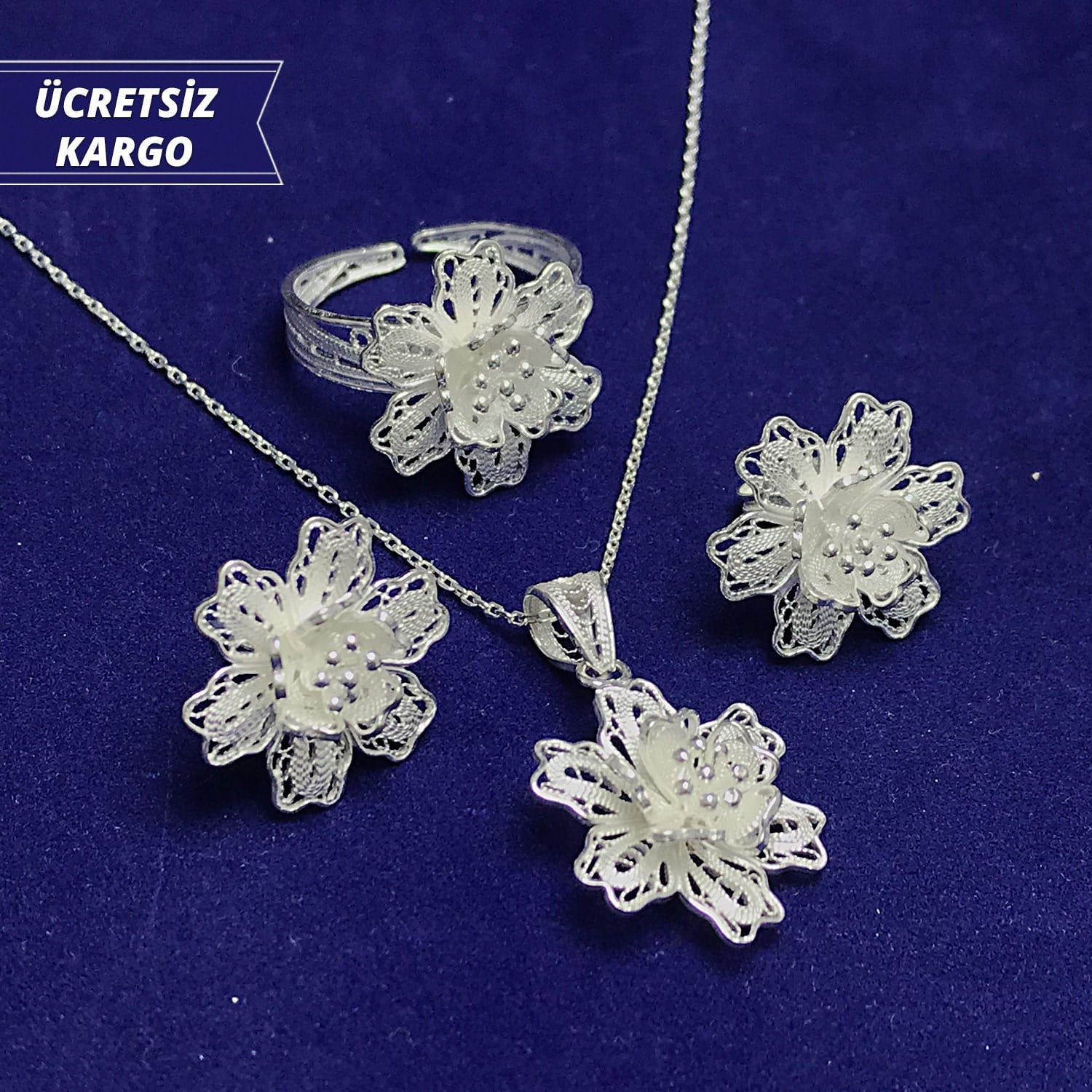 Papatya Model 925 Ayar Telkari Bayan Gümüş Üçlü Set
