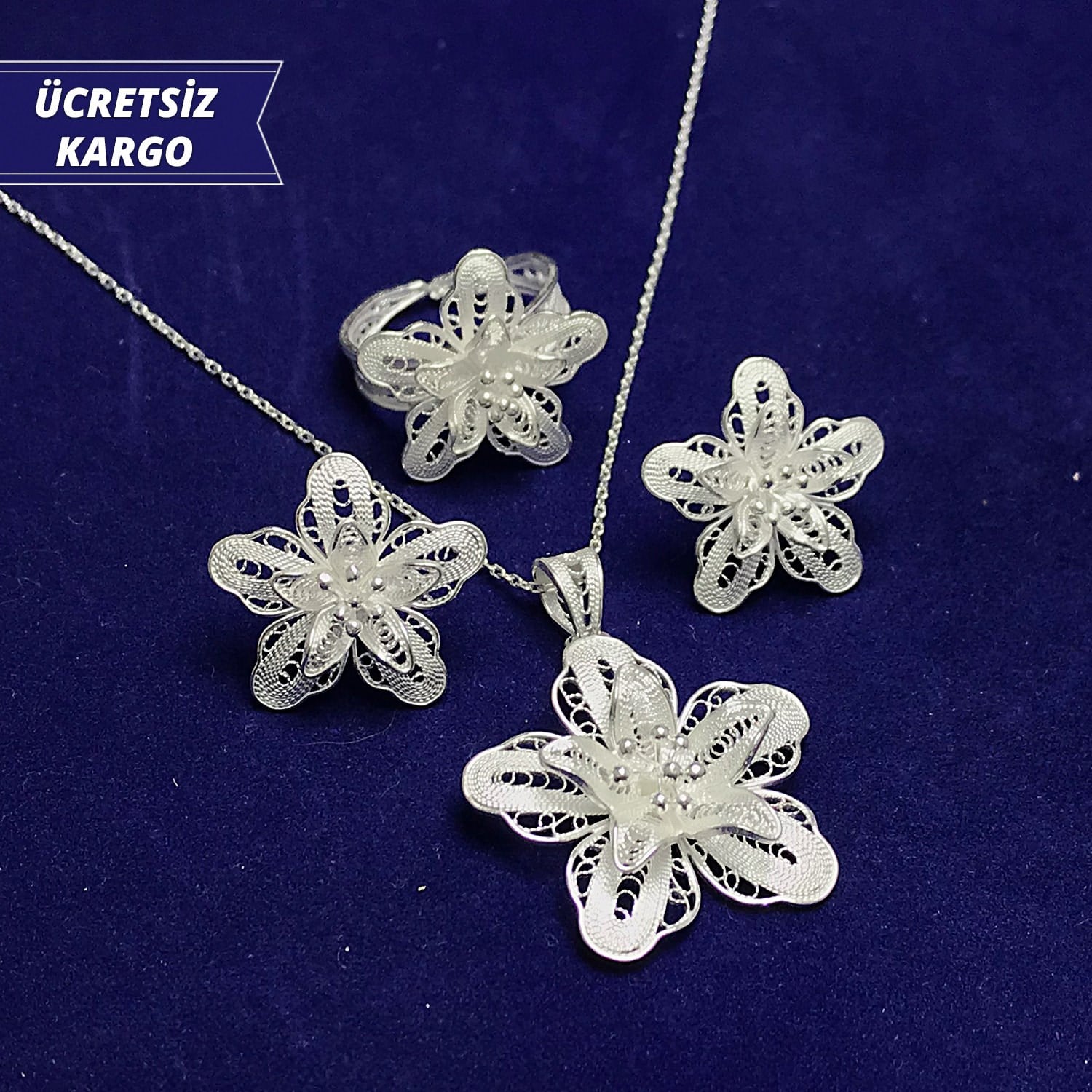 Papatya Model 925 Ayar Telkari Bayan Gümüş Üçlü Set