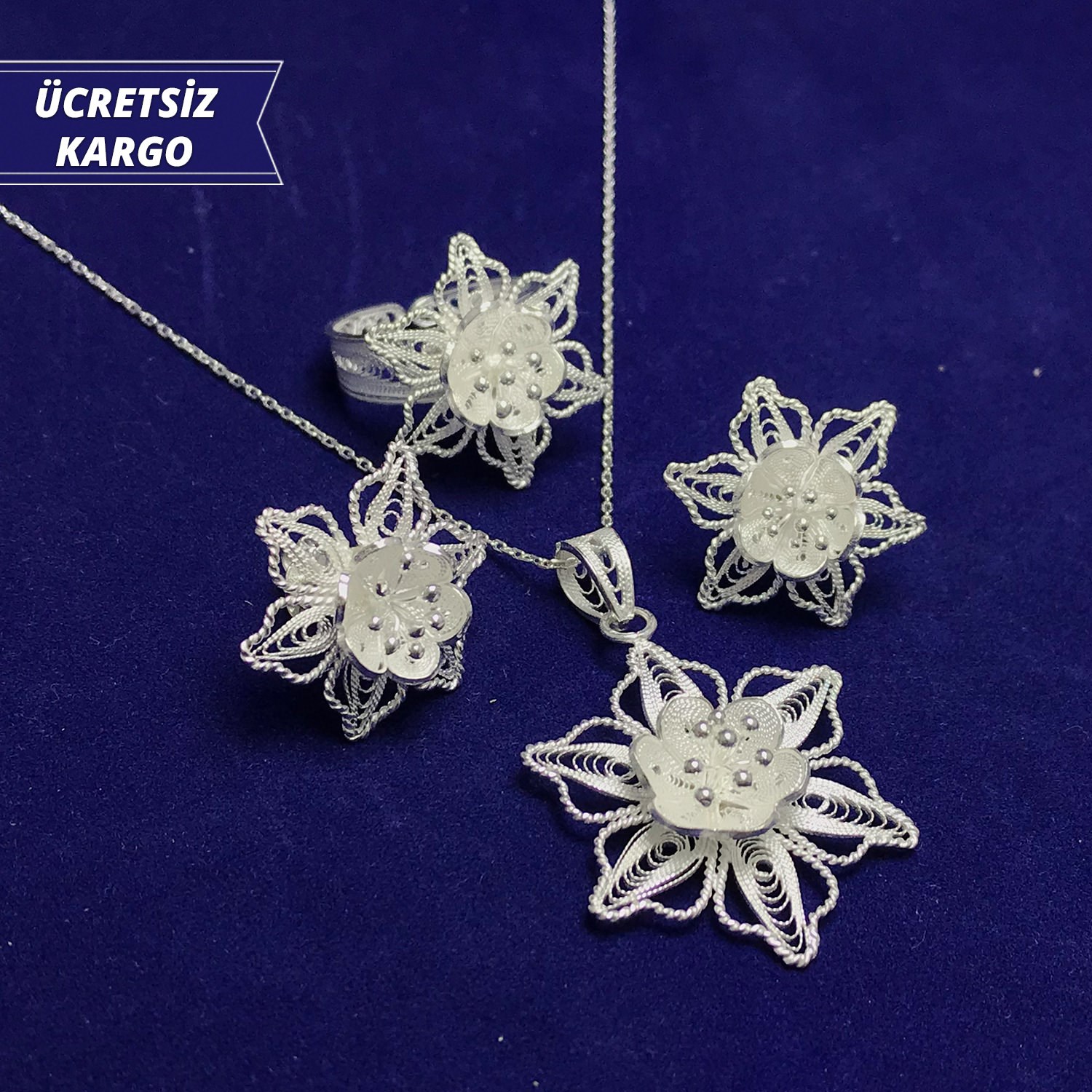 Papatya Model 925 Ayar Telkari Bayan Gümüş Üçlü Set