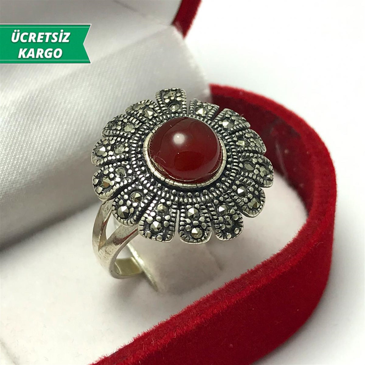 Papatya Model Akik Taşlı Markazit Bayan Gümüş Yüzük