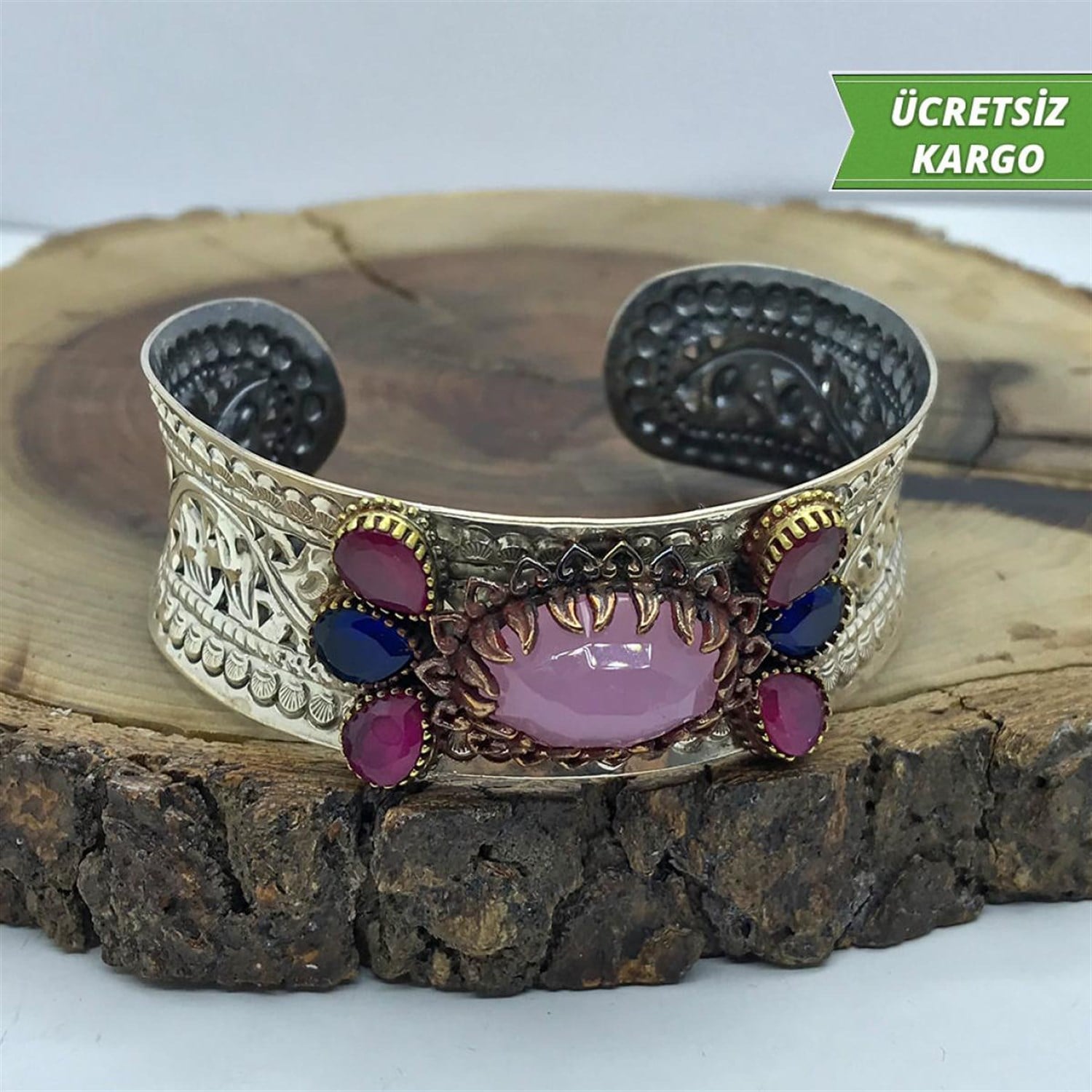 Pembe Kuvars Taş Model Elişçiliği Midyat Bayan Gümüş Bilezik