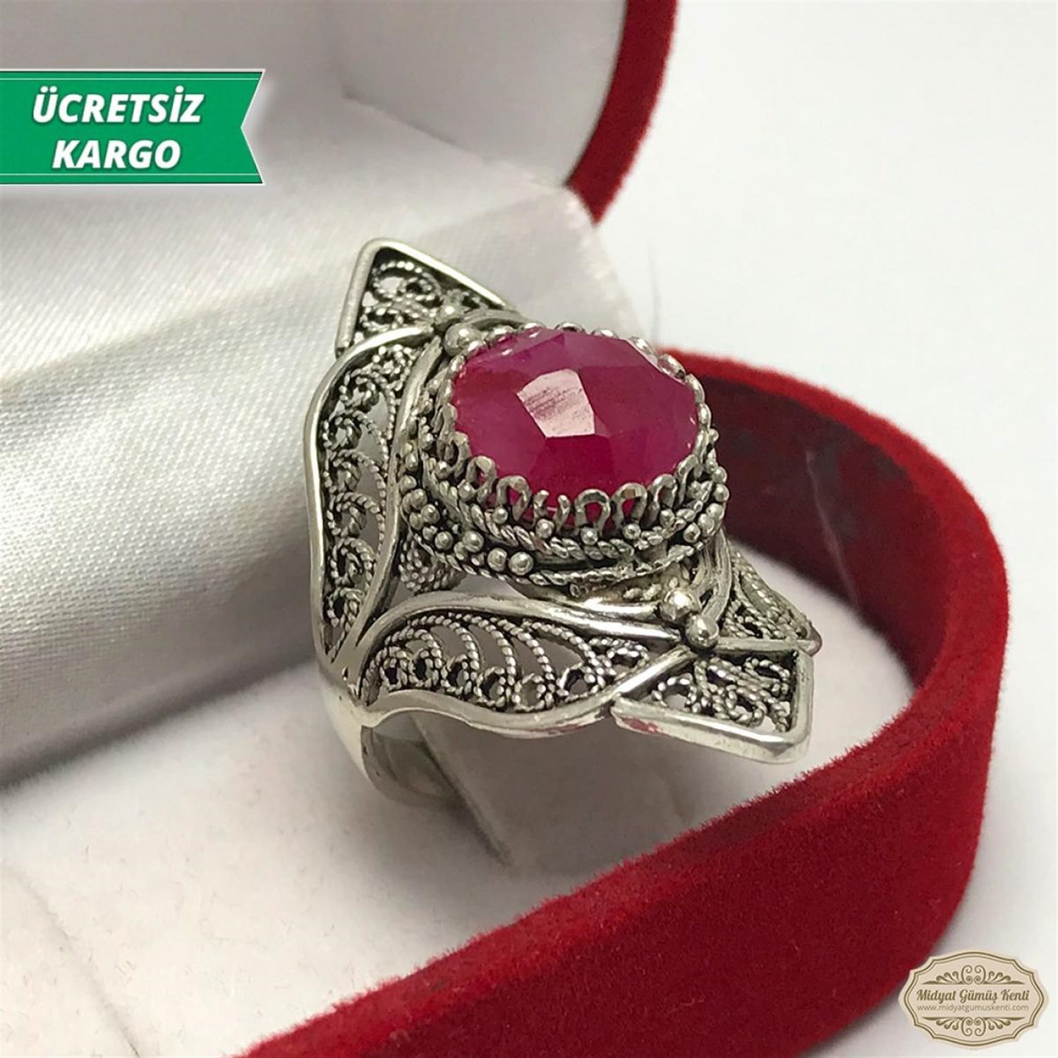 Pembe Kuvars Taşlı Midyat Telkari Bayan Gümüş Yüzük
