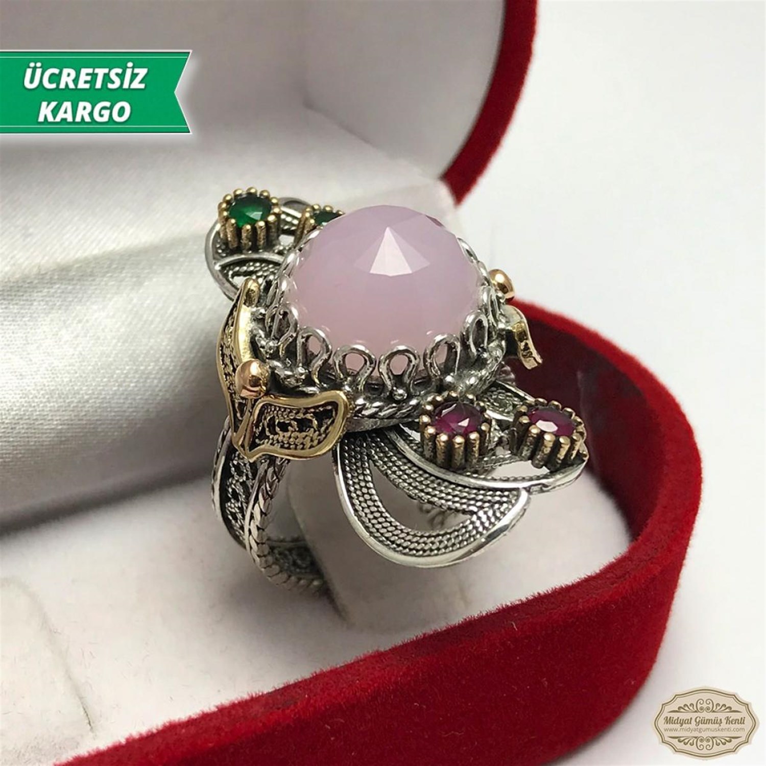 Pembe Kuvars Taşlı Midyat Telkari Bayan Gümüş Yüzük