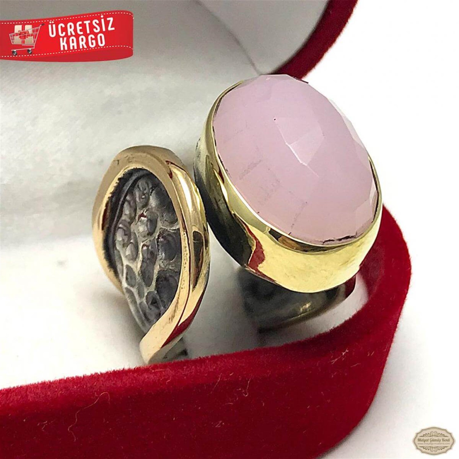 Pembe Kuvars Taşlı Otantik Bayan Gümüş Yüzük