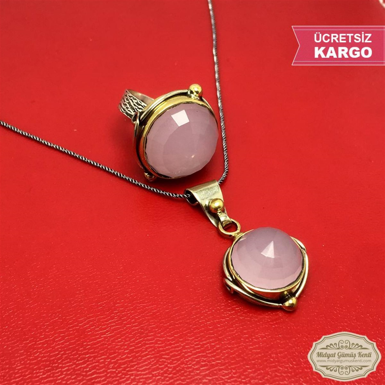 Pembe Kuvars Taşlı Yuvarlak Model Bayan Otantik Gümüş Üçlü Set