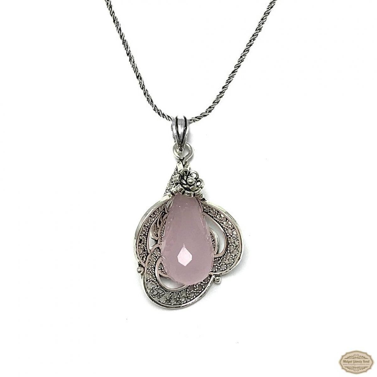 Pembe Kuvars Taşlı Zambak Model Oksitli Telkari Gümüş Kolye