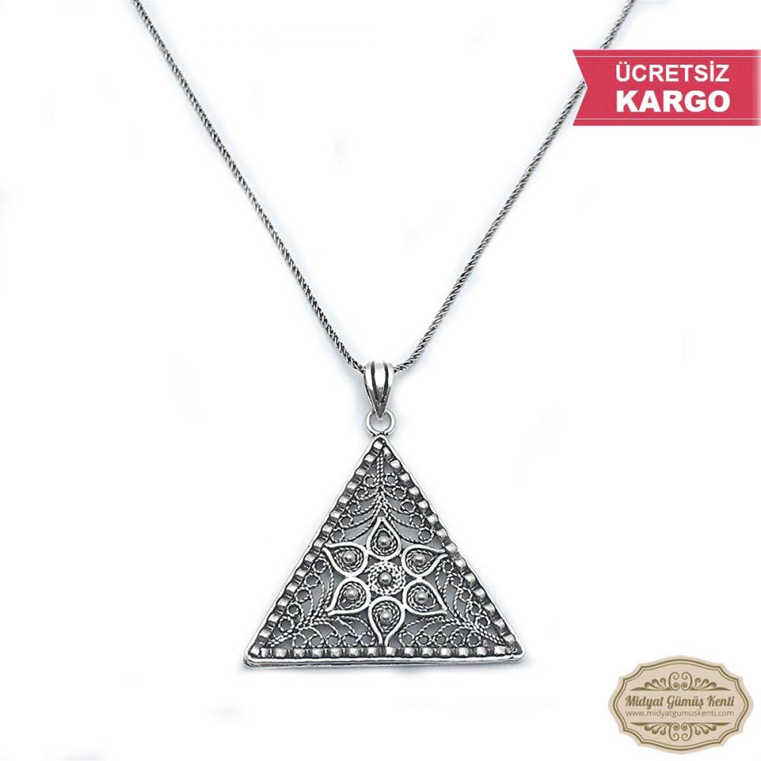 Piramit Model Bayan Oksitli Telkari Gümüş Kolye Ucu