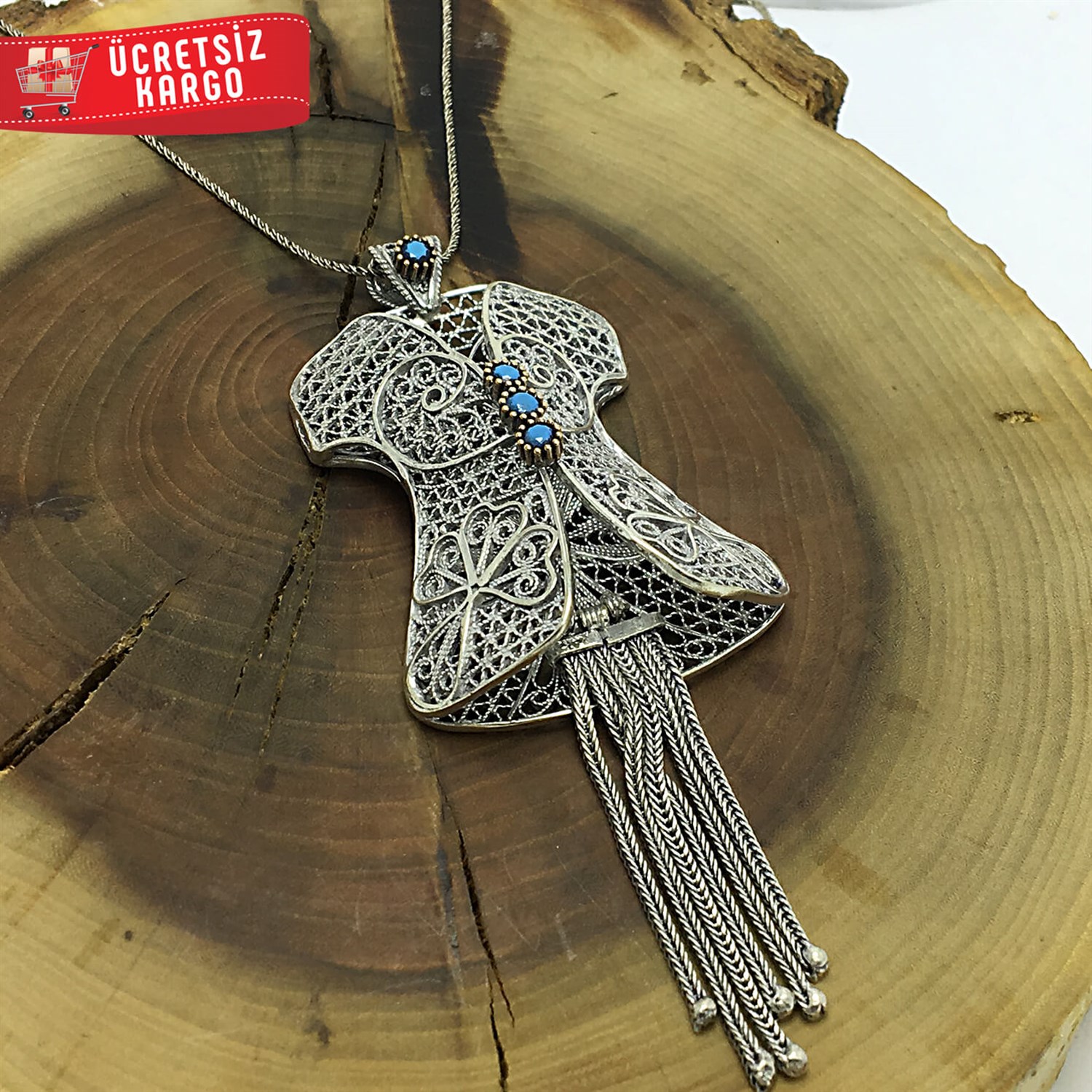 Püsküllü Kaftan Tasarım 925 Ayar Telkari Bayan Gümüş Kolye