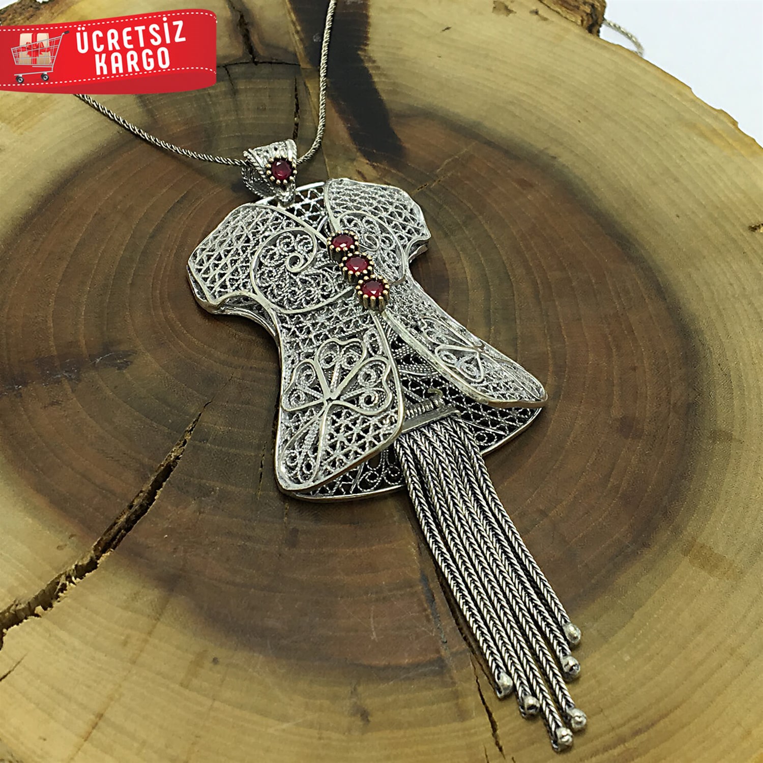 Püsküllü Kaftan Tasarım 925 Ayar Telkari Bayan Gümüş Kolye