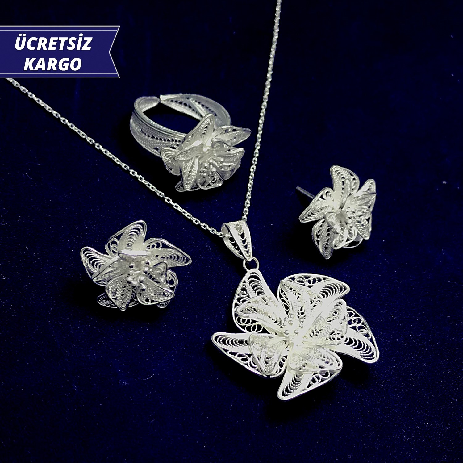 Rüzgar Gülü Model 925 Ayar Telkari Bayan Gümüş Üçlü Set