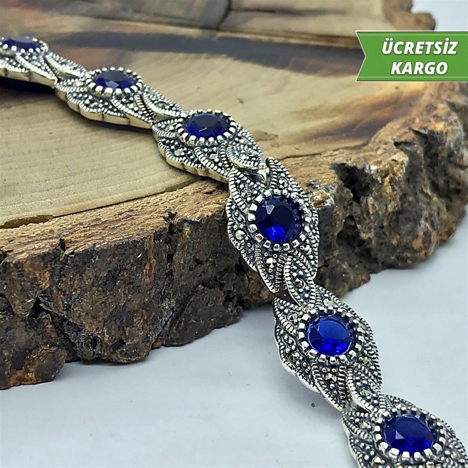 Safir Taşlı Asur Model Markazit Bayan Gümüş Bileklik