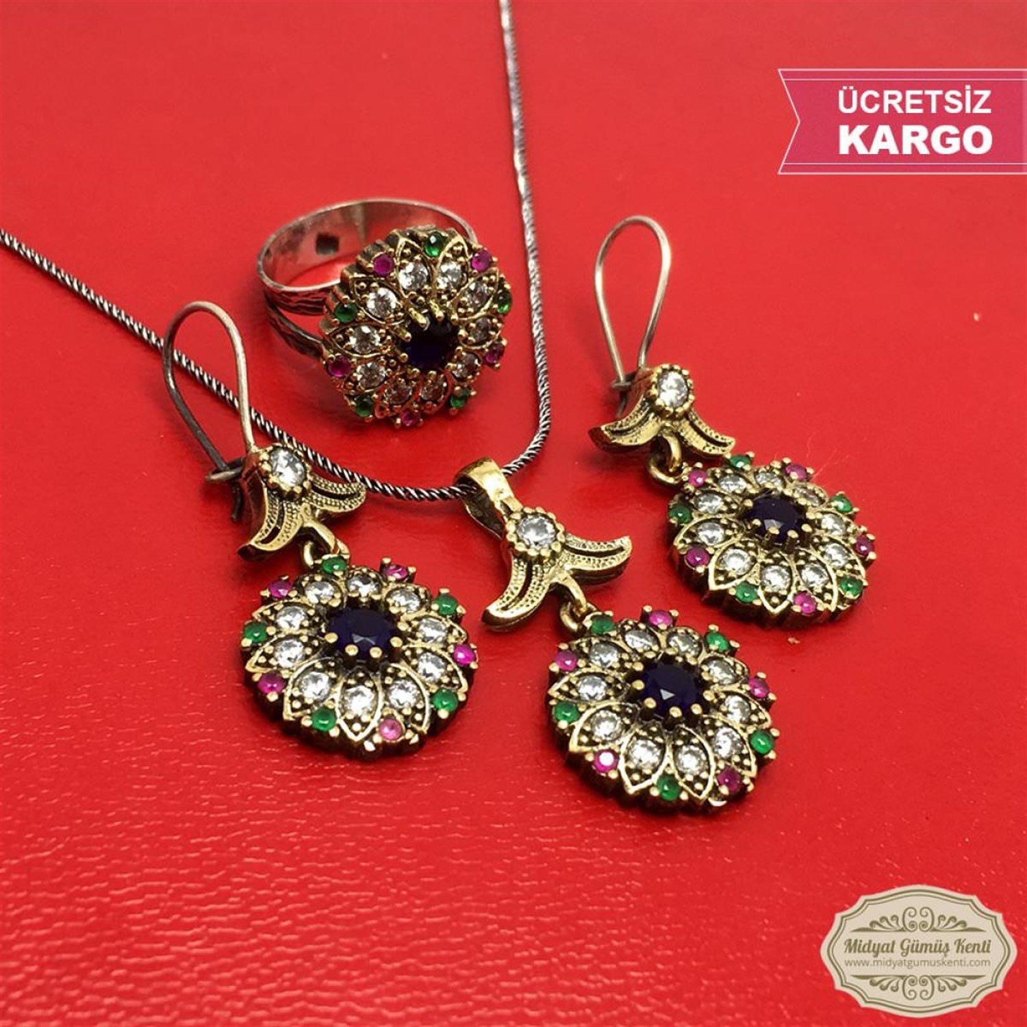 Safir Taşlı Çiçek Model Bayan Otantik Gümüş Üçlü Set